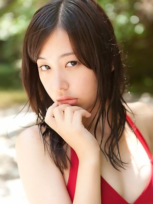 Mikako Horikawa Asian with hot body in red lingerie plays outdoor