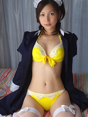 Kaori Ishii Asian in house keeper uniform shows pussy in panty